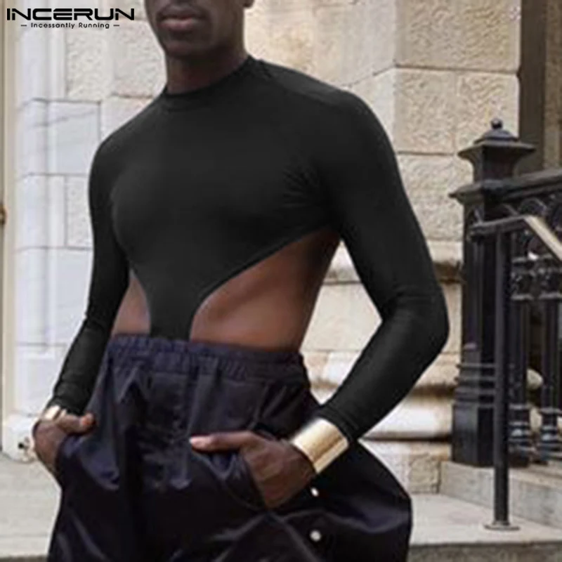 

INCERUN 2023 Sexy New Mens Bodysuit Solid Side High Fork Design Jumpsuits Fashion Casual Thin Long Sleeve Triangle Rompers S-5XL