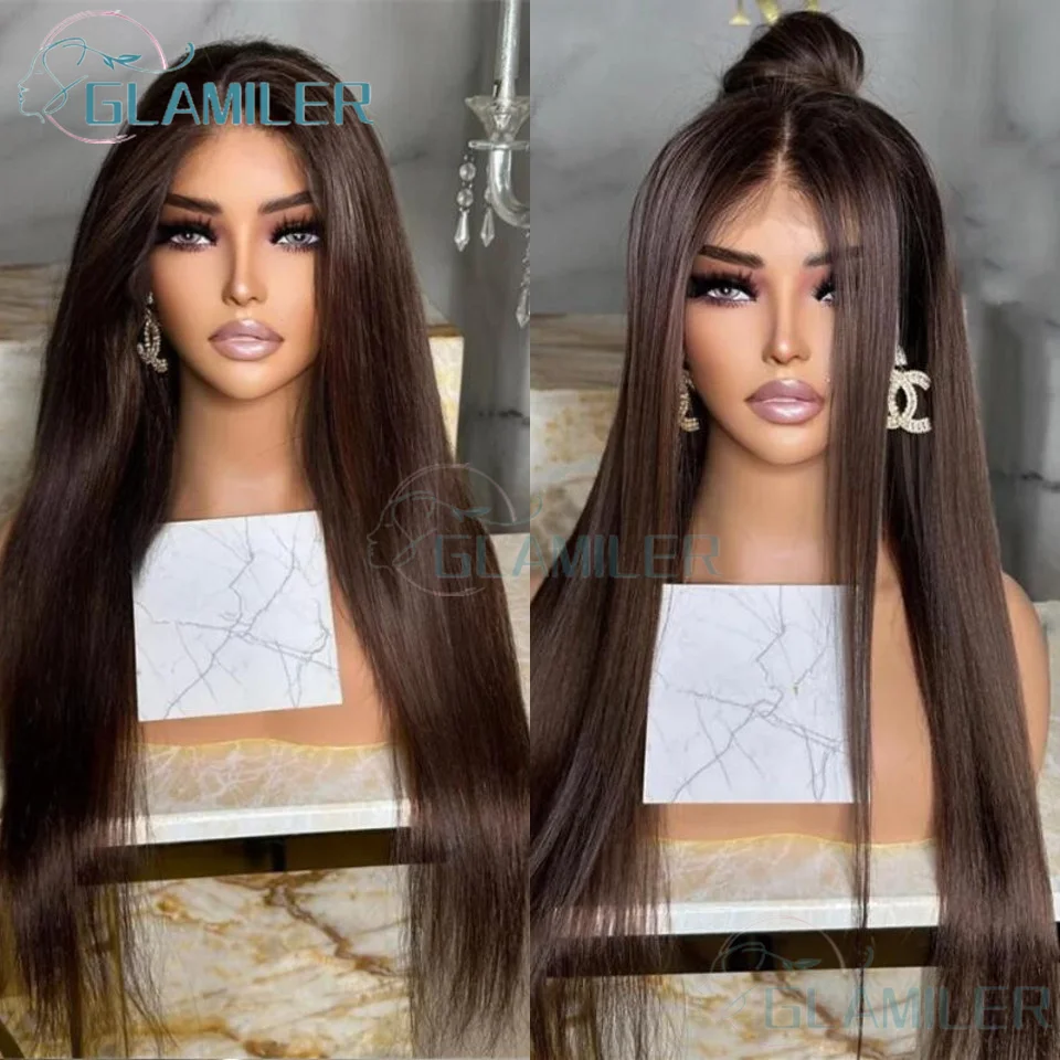 13x4 Chocolate Brown Straight 13x4 Silk Top Lace Front Wigs Human Hair Pre Plucked Brown Bleached 5x5 Silk Base Closure Wigs