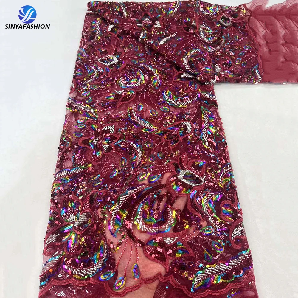 

Sinya High Quality Wine French Beaded Luxury Beaded Embroidery Colorful Sequins African Nigerian Lace Fabrics For Women Dress