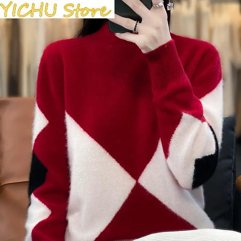 

New Merino Wool Women's Half High Neck Sweater Knitting Color Blocking Pullover Long Sleeve Casual Top Clothes M-8137