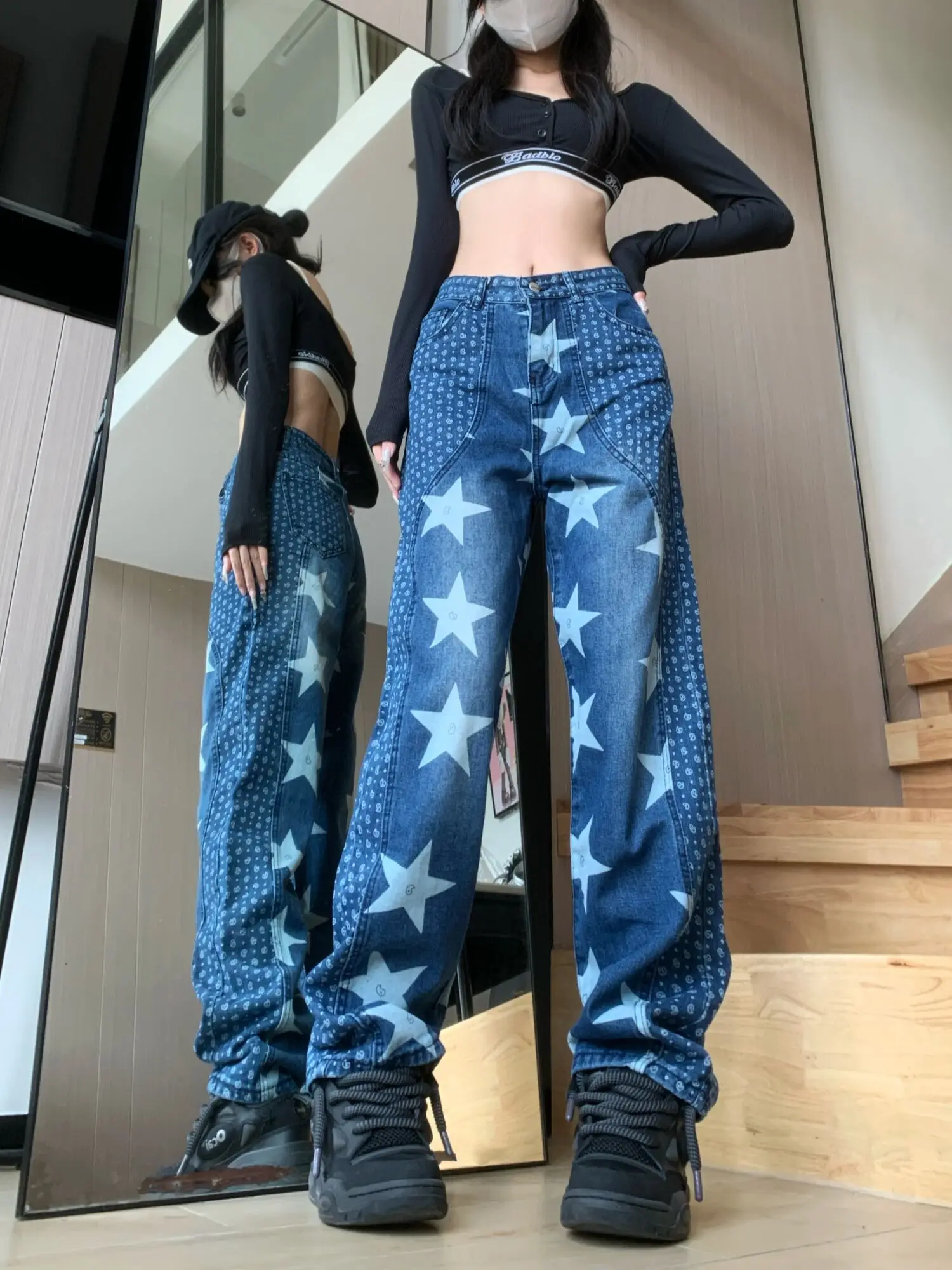 Embroidered Letter Straight Tube Jeans for Women's American Ins High Waist Denim Wide Leg Pant Trend Streetwear Hip Hip Trousers
