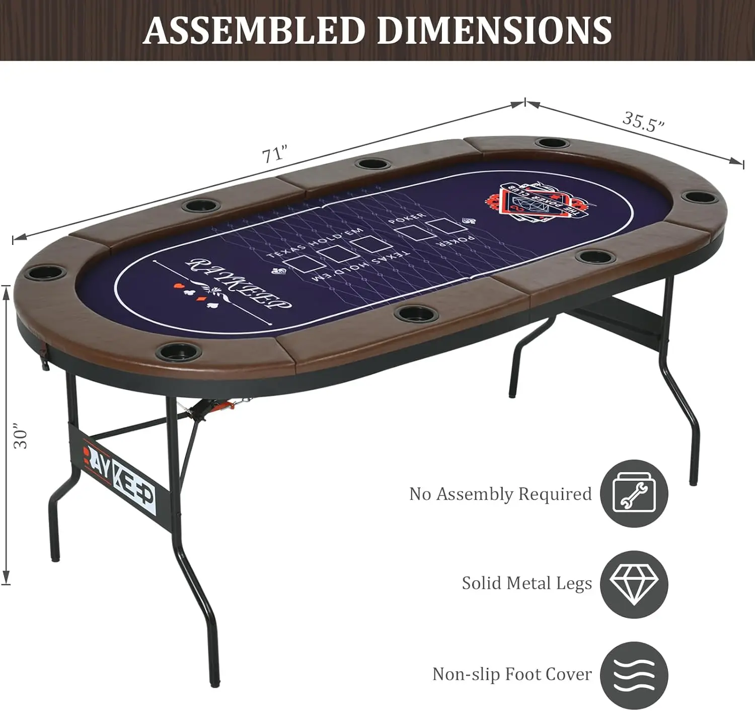 Foldable 8-Player Poker Table with Padded Rails, Casino Felt, Cup Holders for Texas Holdem