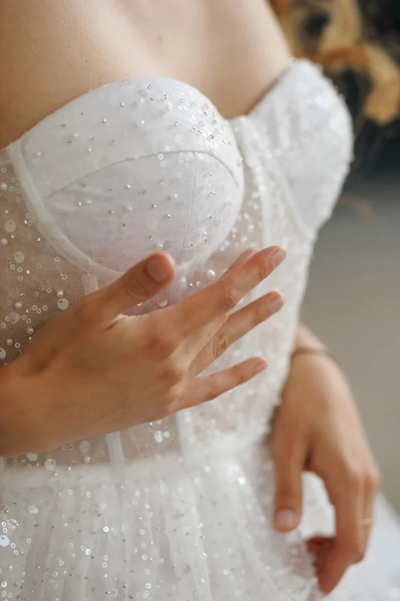 Evening Dresses Cocktail Dress Shiny Bead Sequined Sweethart Short/Mini A Line Wedding Dresses Detachable Sleeves Made Bridal Grown Evening Wear