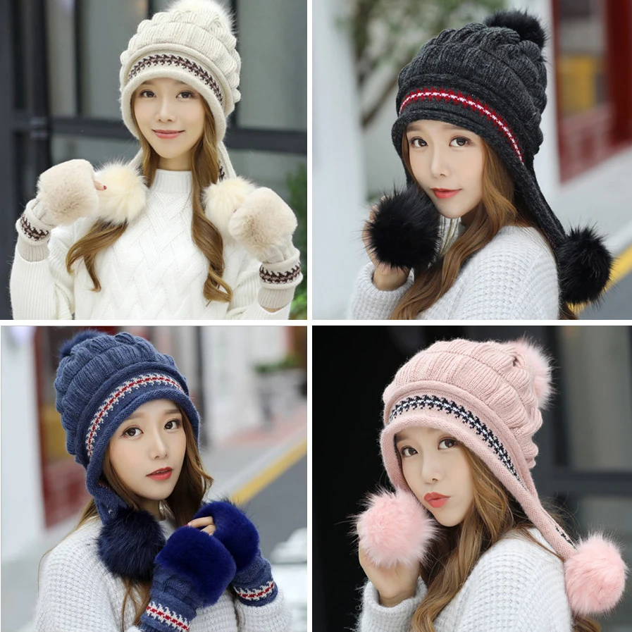 

2019 Women's Fashion Winter Beanie Hats & Gloves Ear Muffs Casual Beret Knitted Beanies Caps Gorros Black for Women Girls