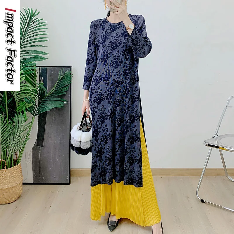 

Плиссированный комплект из двух предметов в стиле ретро, новинка весны 2024, длинная юбка с разрезом, улучшенная версия, Qipao + однотонные широкие брюки, комплект