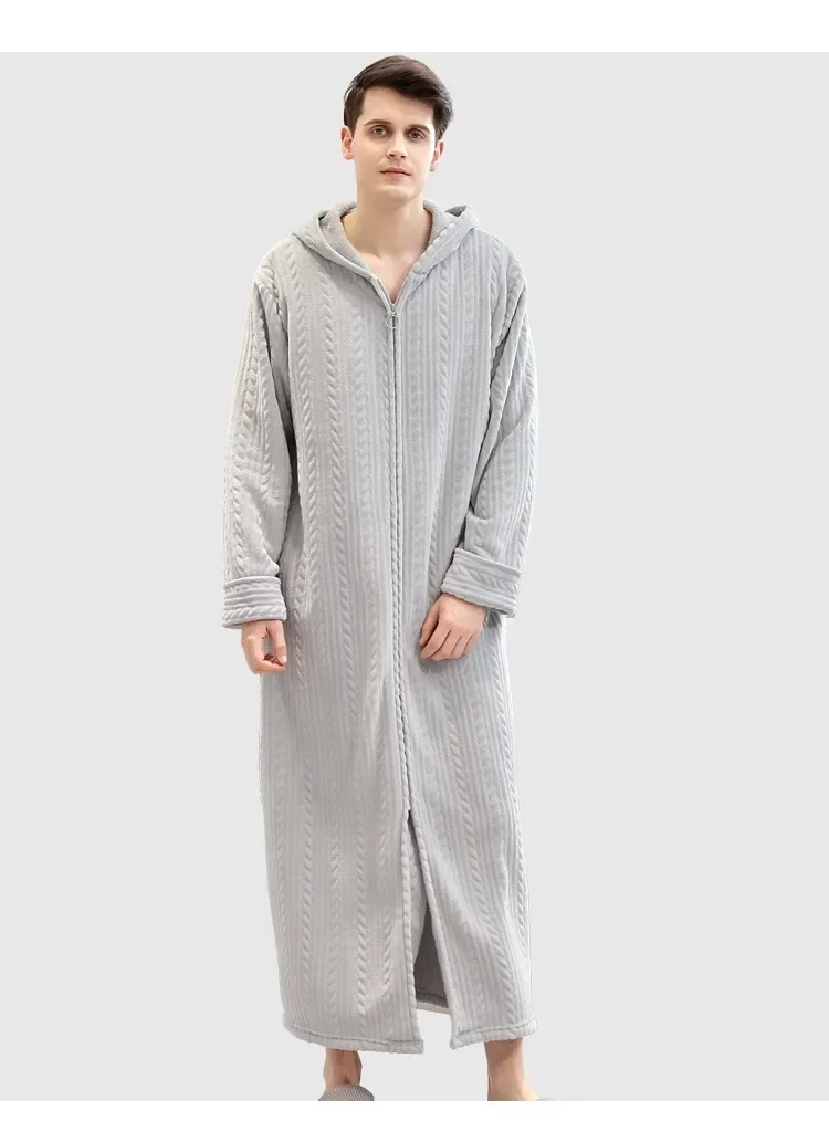 Men's Plus Fat and Oversized Home Clothes Winter Flannel Pajamas Zipper Bathrobe Warm Pajamas Solid Color Long Pajamas 9 undefined