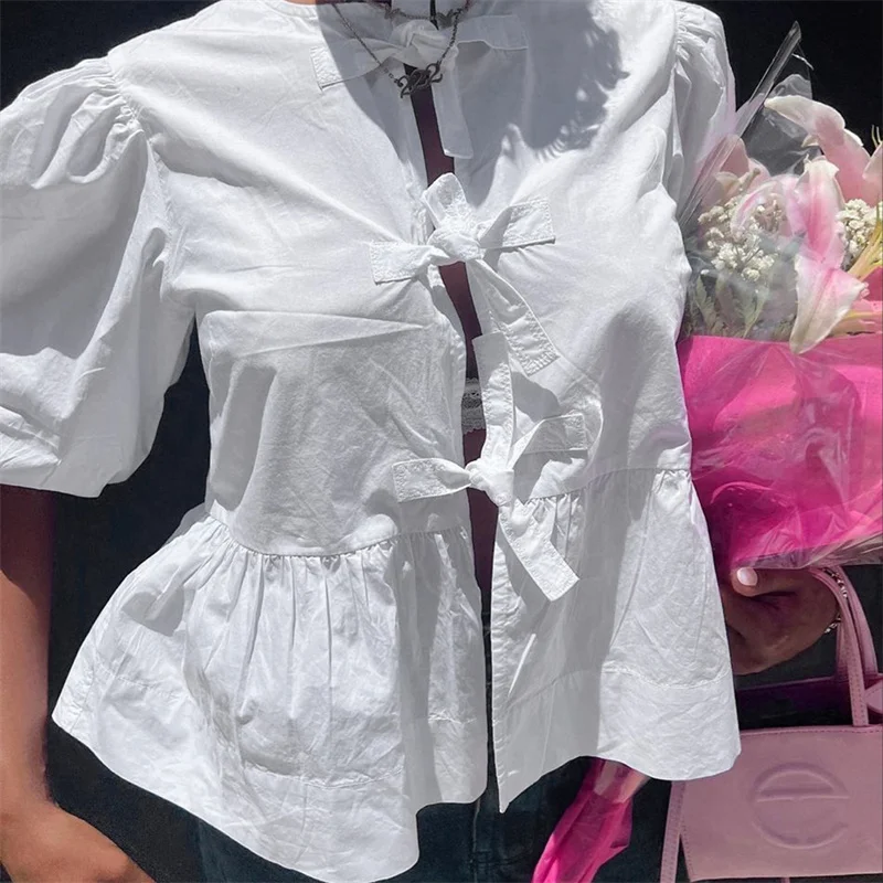 Camisas Y2K para mujer, ropa estética, elegante, color sólido/rayas, manga 3/4, cárdigan con lazo, blusa de los años 2000, ropa de calle