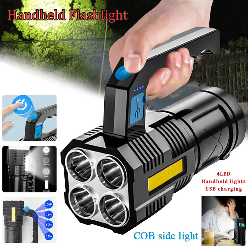 

Handheld LED Flashlight With USB Cable 4 Lighting Modes Built-in 1200mAH Rechargeable Battery LED Flashlight For Camping Fishing