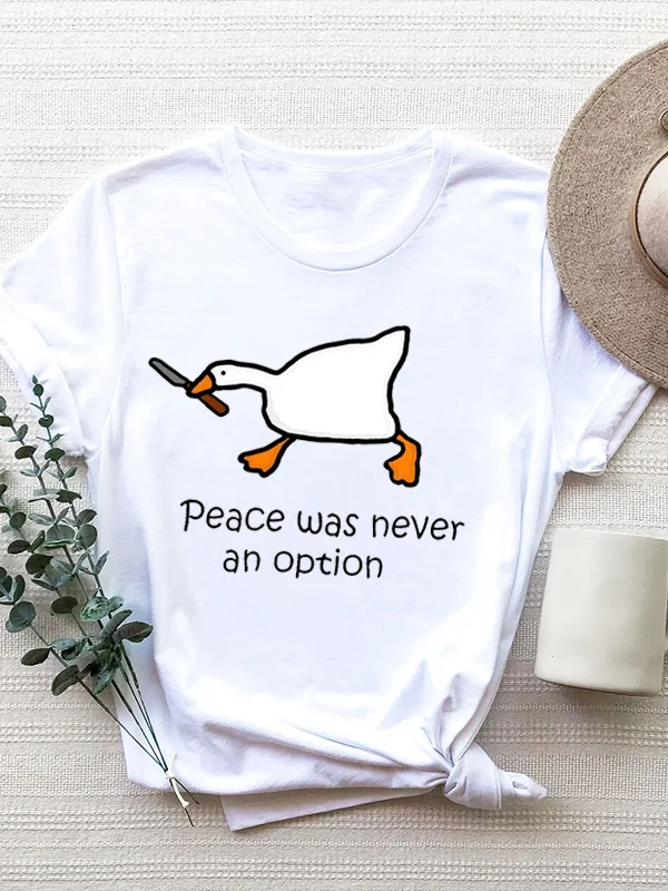 

Peace Was Never An Option Slogan Woment-shirt Cute Cotton A Duck with A Knife Print Female Shirt Funny Comfort Popular Girl Tee