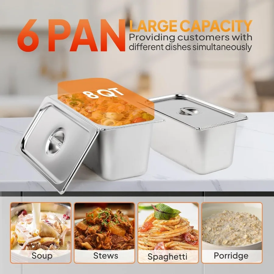 48QT 1500W Electric Commercial Food Warmer 6-Pan Steam Table 8QT/Pan Stainless Steel Bain Marie Countertop with Acrylic Shield