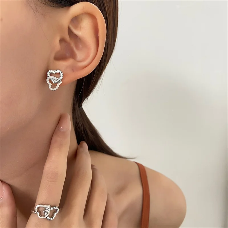 5PCS/Set Heart Shaped Jewelry Sets Of Ring Earrings Necklace For Women Elegance Rhinestone Double Heart Jewelry jewelry sets jewelry set
