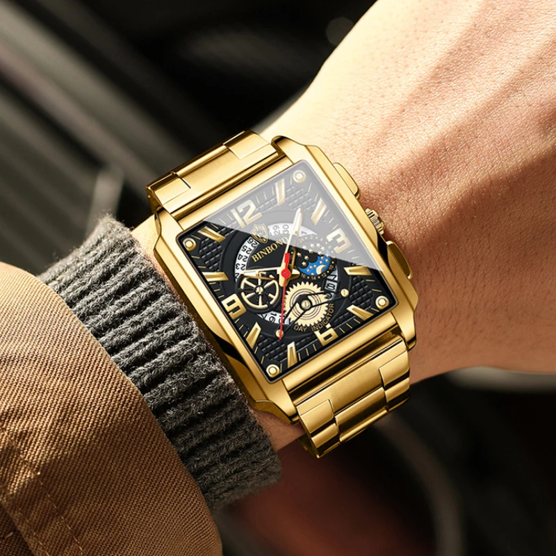 

Luxury Golden Watches Men Top Brand Designer Quartz Wristwatches Creative Rectangle Diamond Watch Waterproof Relogio Masculino