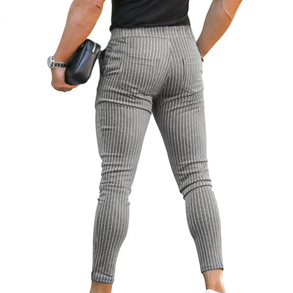 

Men Daily Trousers Striped Print Men's Pencil Pants Slim Fit Adjustable Waist Breathable Fabric for Business Dating Office Wear