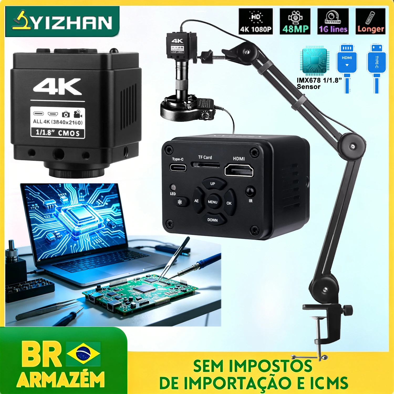YIZHAN microscópio 4k digital eletrônica para Soldagem com Sensor IMX678 1/1.8", Câmera de Microscópio de bancada com Vídeo HDMI/USB/VGA 1080P e Lentes 130X/150X/180X, Do Brasil, Sem Impostos