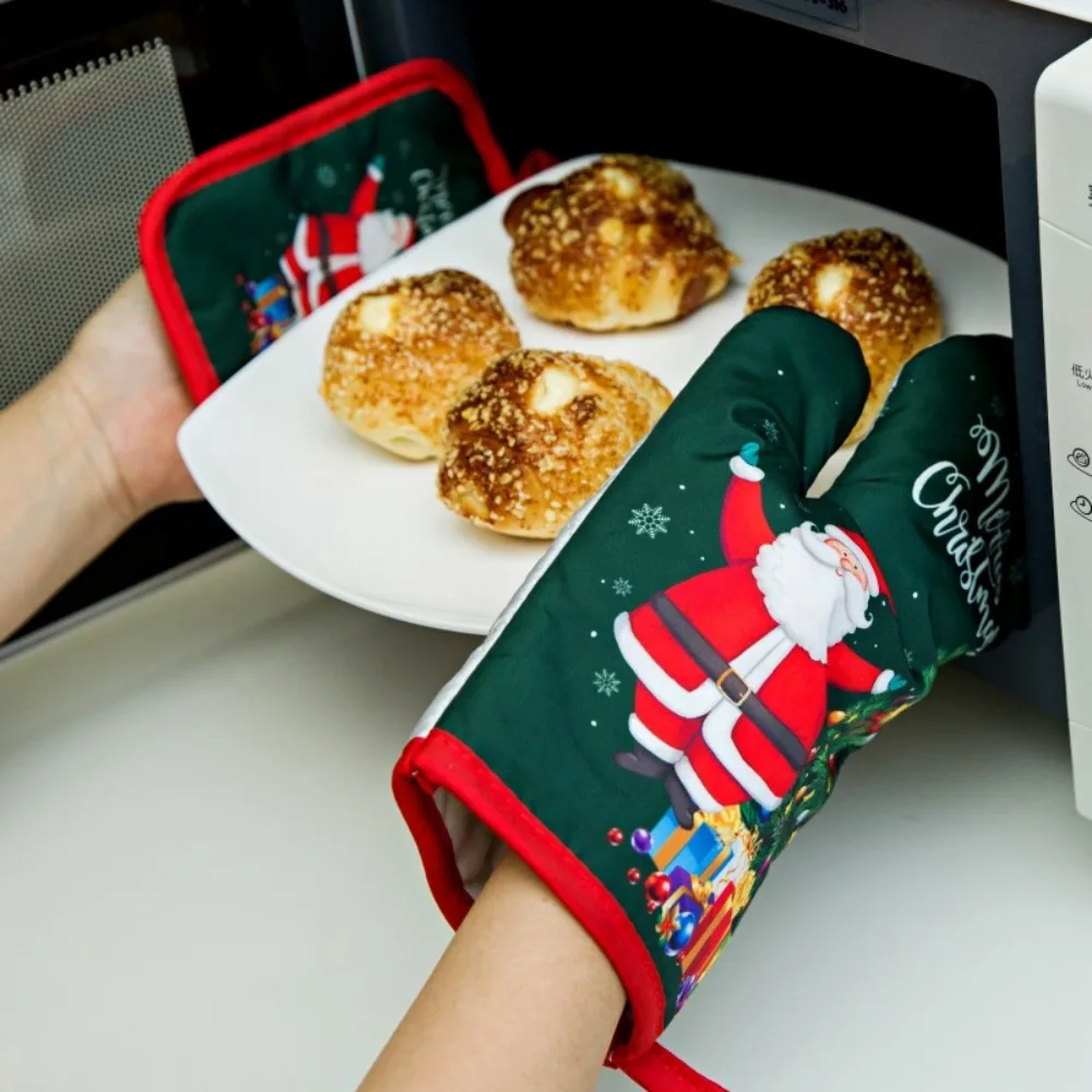 

2pc Insulation Christmas Microwave Glove Potholder Anti-Heat Printing Christmas Oven Mitts Thickening Insulation Pad