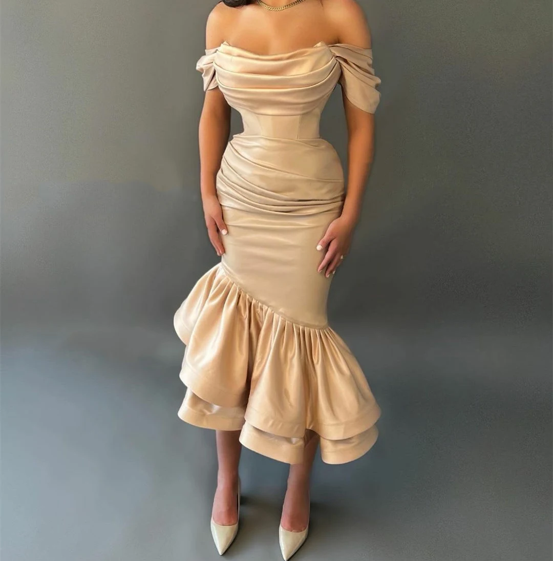 

Vintage Short Champagne Satin Evening Dresses Mermaid Ruffled Tea Length فساتين سهرة Off Shoulder Prom Formal Dress for Women