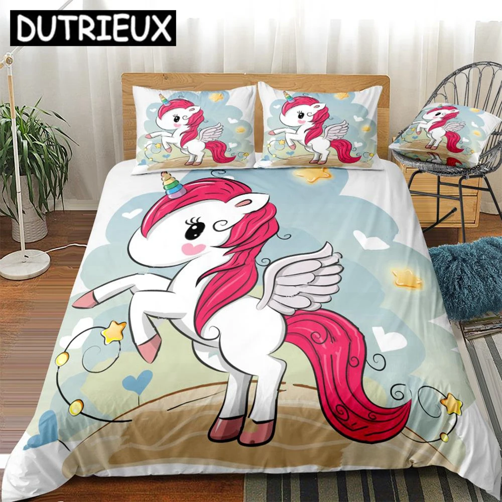 

Unicorn Duvet Cover Set Cartoon Bedding Set Pink Unicorn Beds Set Home Textiles Microfiber Bedspread For Girls Kids Rainbow