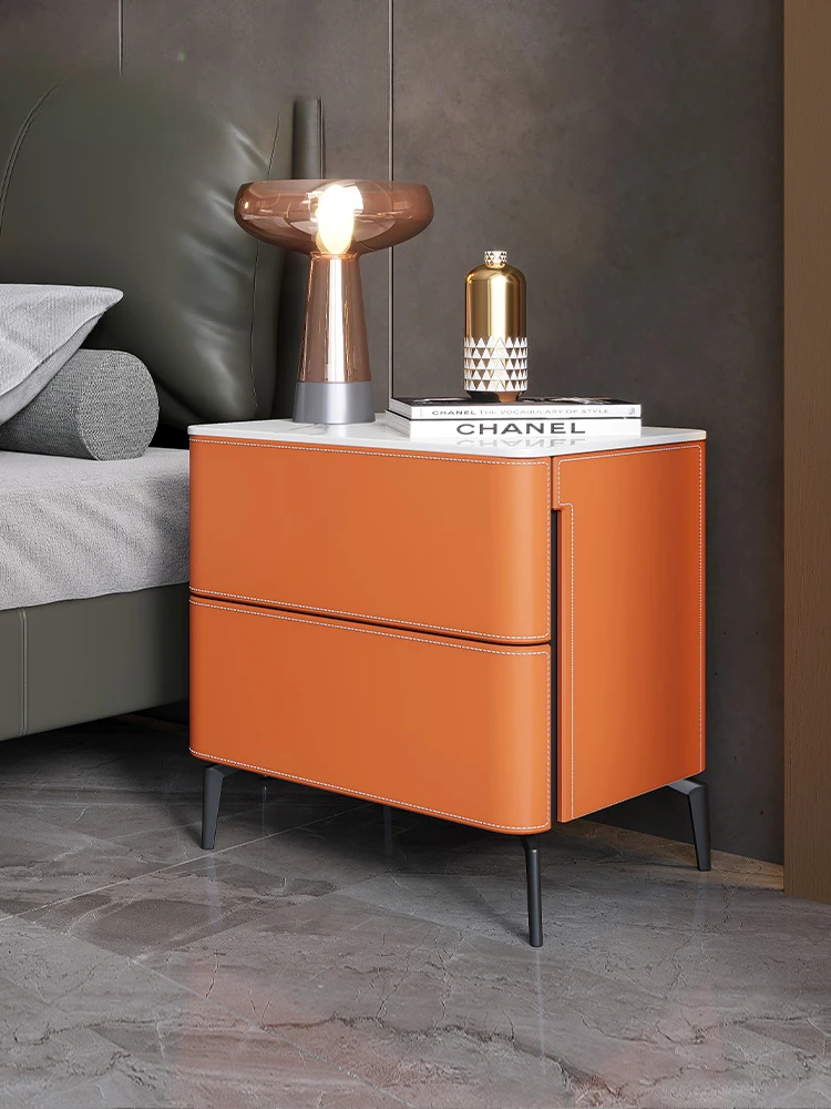 Italian rock panel bedside table, minimalist, postmodern, light luxury, saddle leather, solid wood, Nordic minimalist