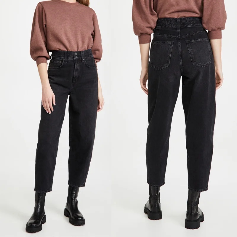 

Женские джинсы, новинка сезона осень/зима 2024, темно-серые укороченные джинсы в форме кокона с эластичной талией и 3D подгонками, подиумный стиль