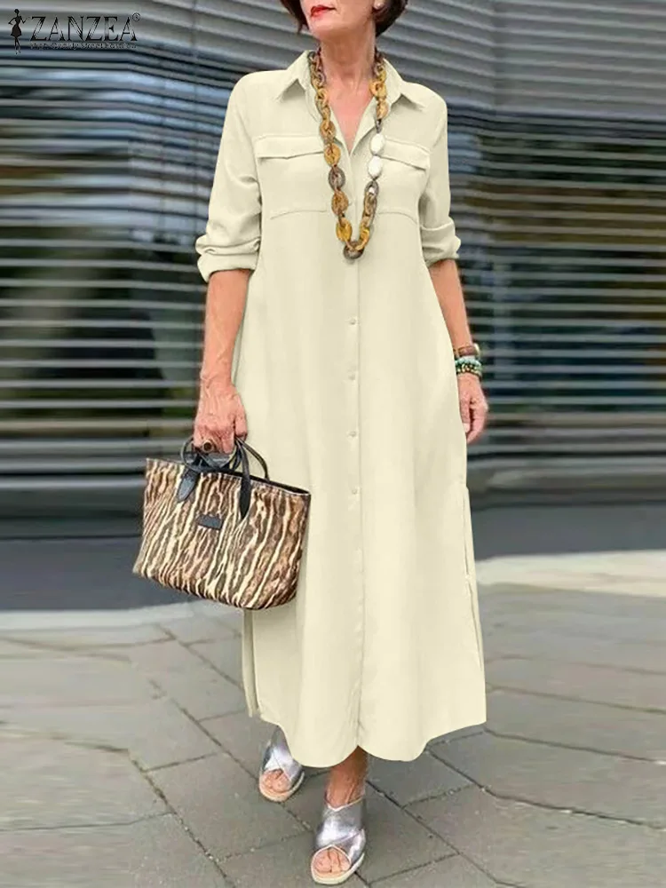 

Fashion Autumn Shirt Dress ZANZEA Elegant Dresses For Women Long Sleeve Lapel Button Robe Causal Loose Work OL Maxi Vestidos