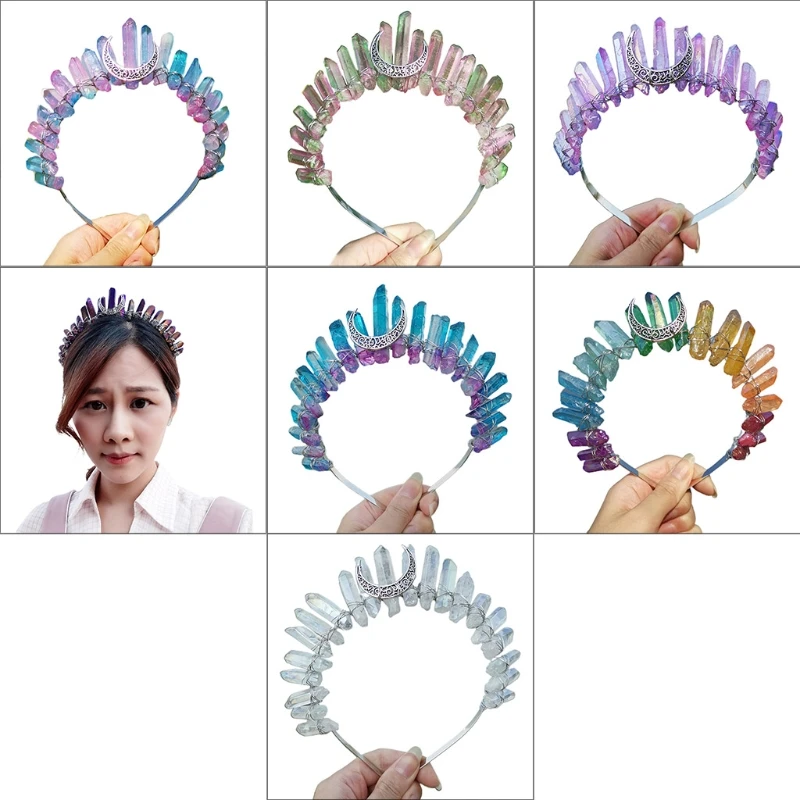 

Romantic Colorful Jewelry Rainbow for Raw Crystal Headband Ethnic Antique Metal Hair Ho