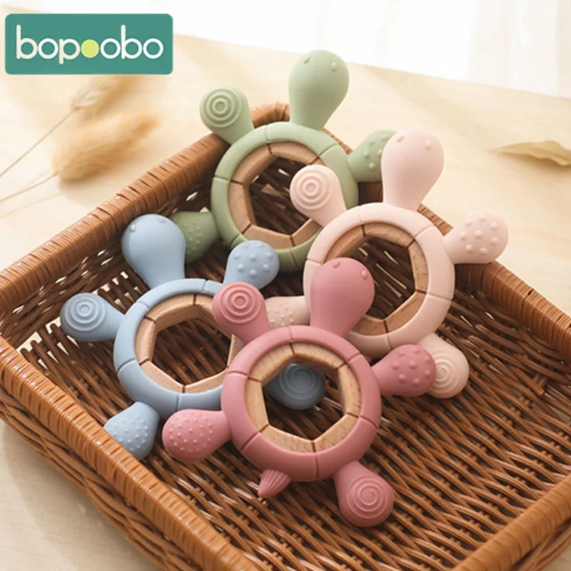 

1pc BPA Free Silicone Teether Turtle Shapes Rodent Gum Pain Baby Relief Teething Wooden Teether Ring Infant Sensory Toys Gifts