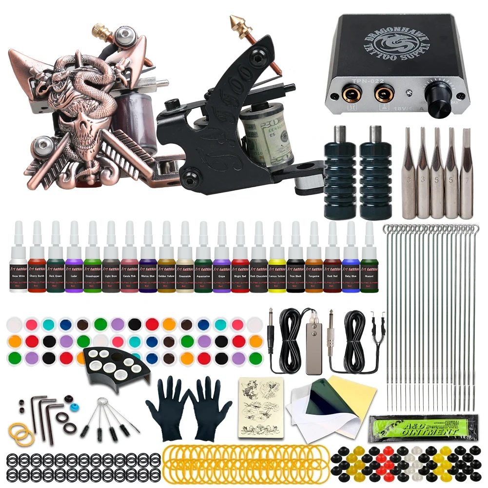 

Beginner Complete Tattoo Kit Machines Gun Black Ink Set Power Supply Grips Body Art Tools Set Permanent Makeup Tattoo set