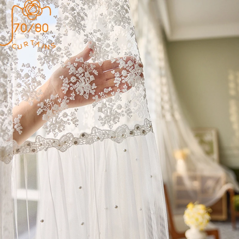 

Pearl Embroidery Splicing White Gauze Lace Bay Window Bedroom Living Room Partition Screen Curtains Customized Finished Product