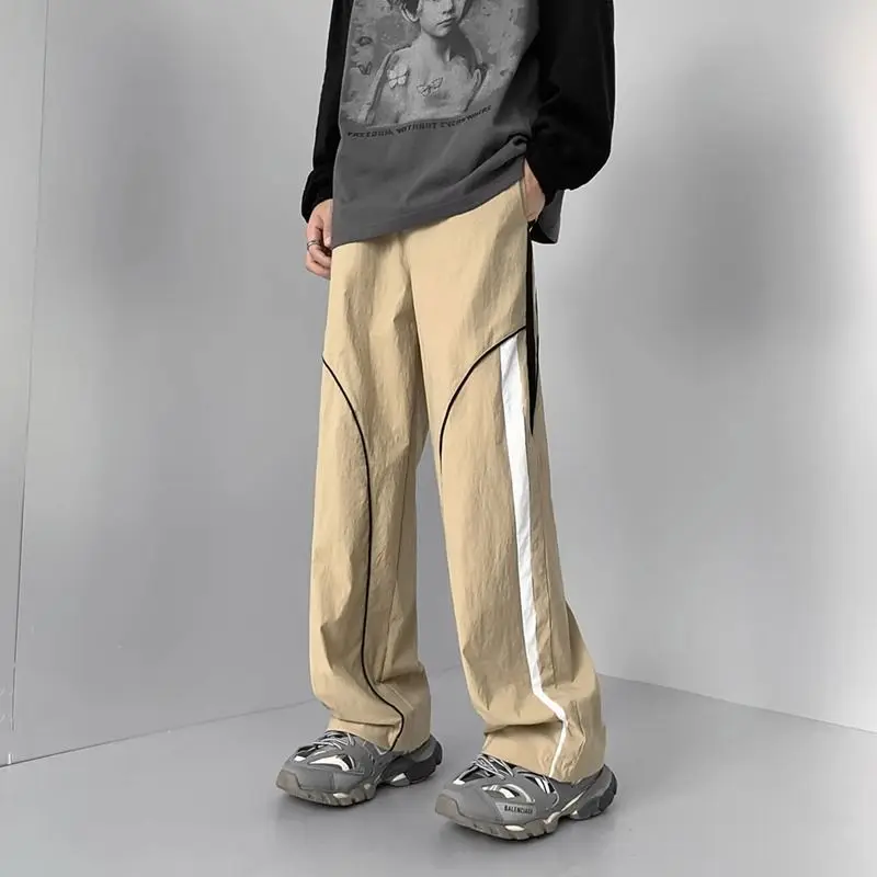 American Style Summer Pants Men's Patchwork Contrast Color Pockets Loose Straight Outdoor Casual Elastic Waist Wide Leg Trousers