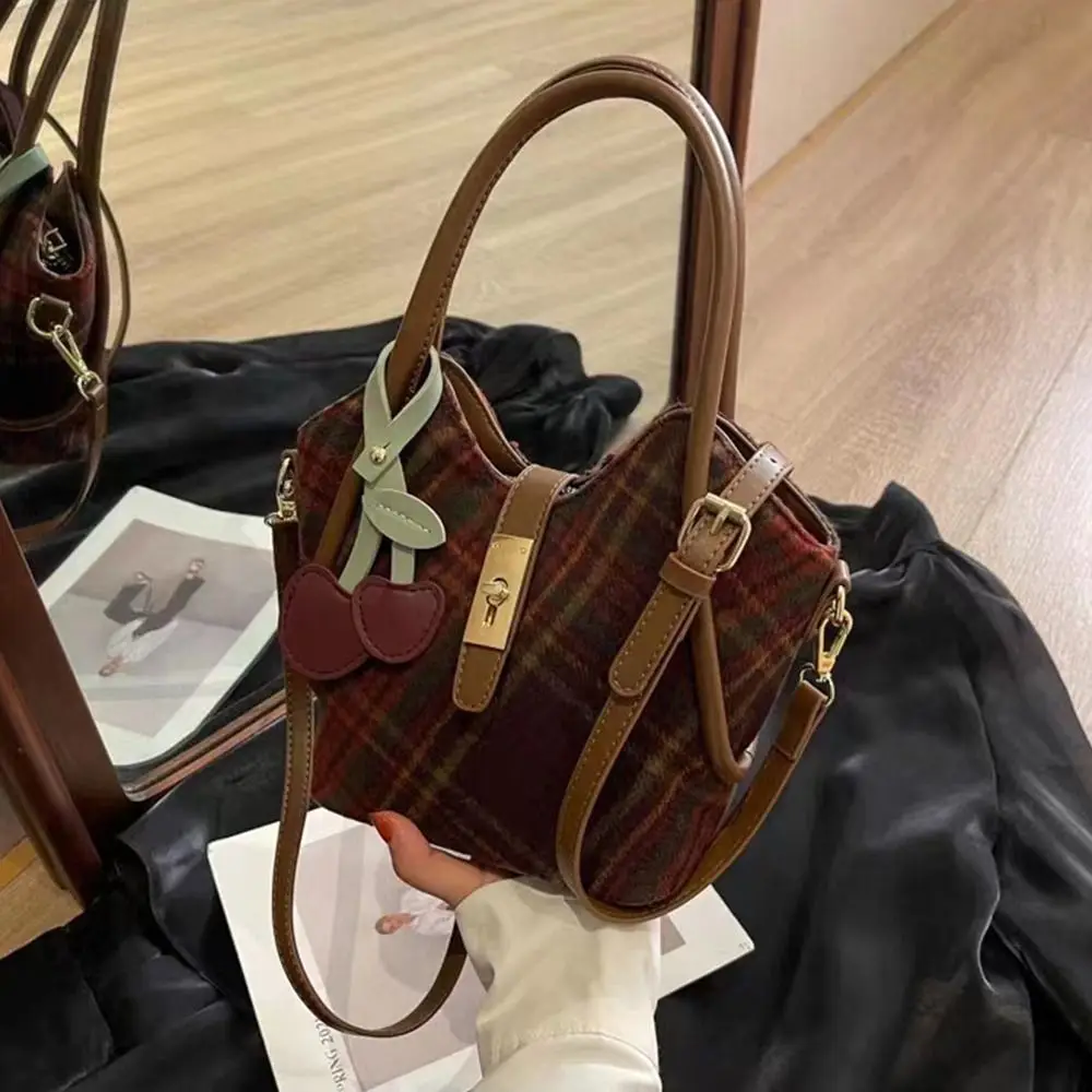 Solid Color Single Shoulder Bag Temperament PU Cherry Pendant Wool Fabric Tote Bag Plaid Woolen Fabric Crossbody Bag Girls