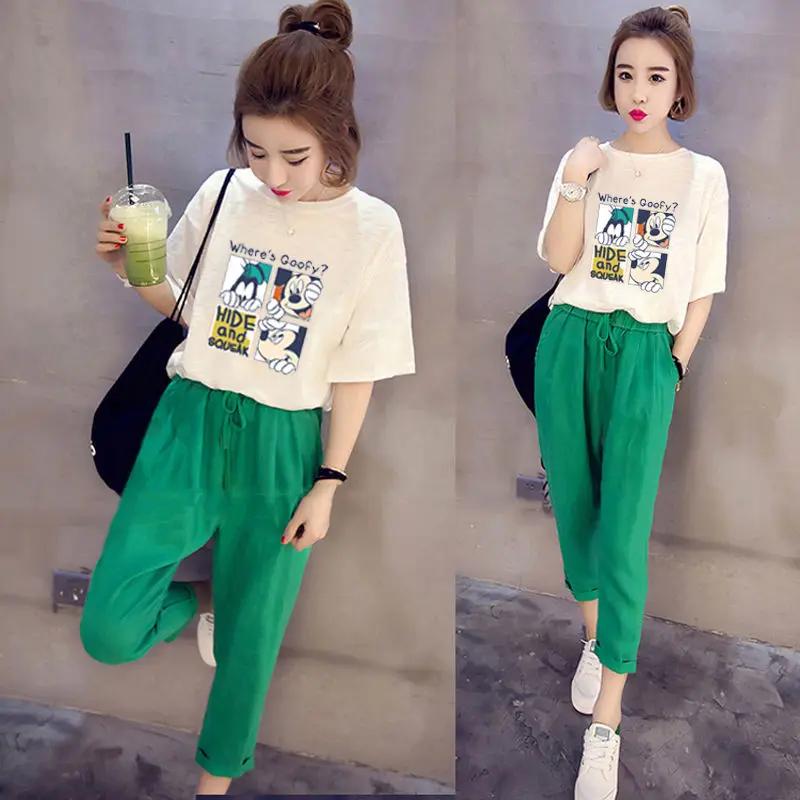 Cartoon Animal Print Short Sleeve T-shirt Casual Pants Two Piece Elegant Women's Pants Set Summer Outfits Tracksuit