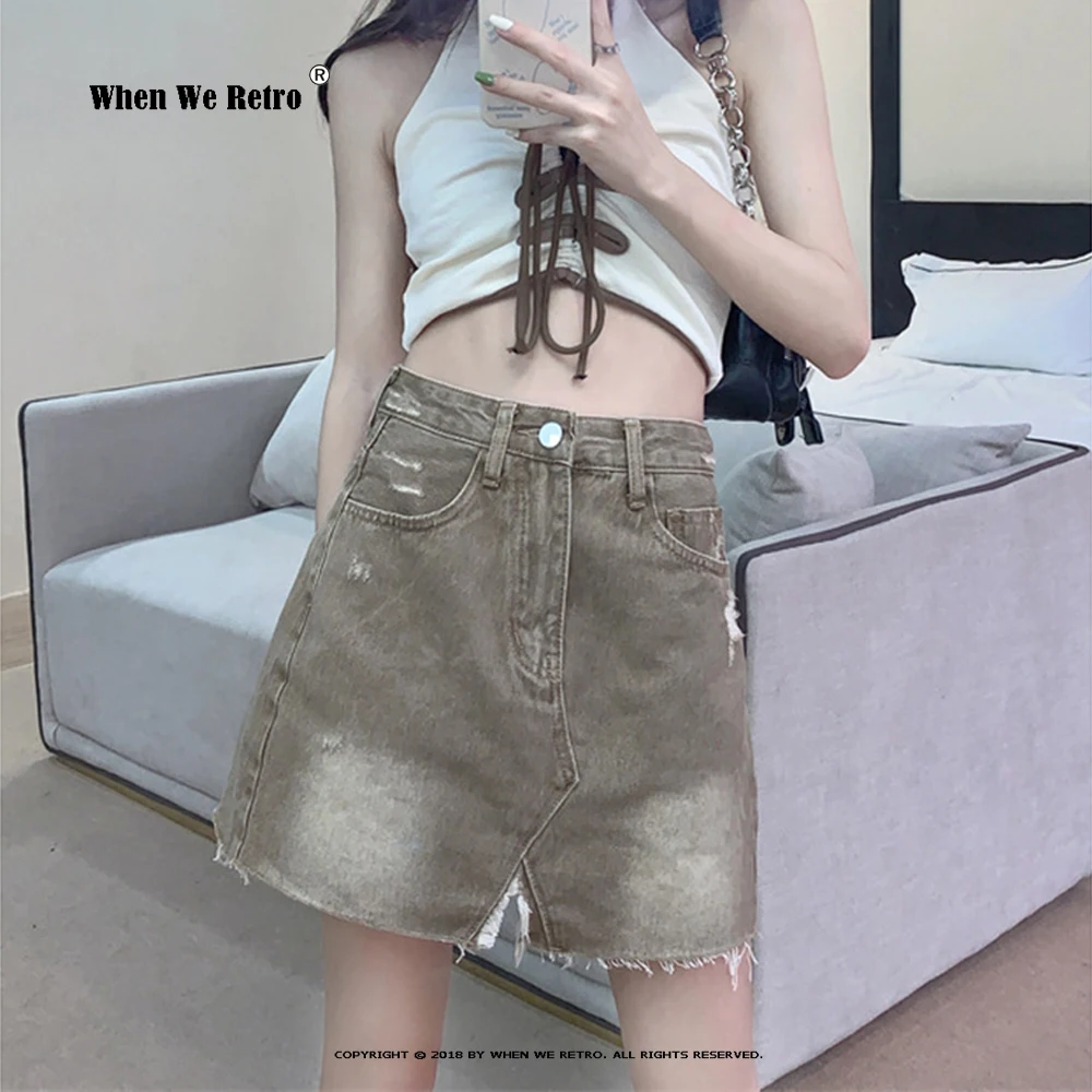

Summer Women Khaki Denim Short Skirt High Waist Korean Y2K Vintage Straight Female Streetwear Irregular Tassel Mini Skirt RS519