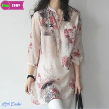 

2022 Chinese Style Summer Long Loose Cotton Linen Shirts Joker Ladies Print Big Size Top Women Chinese Traditional Blouses Xxxl