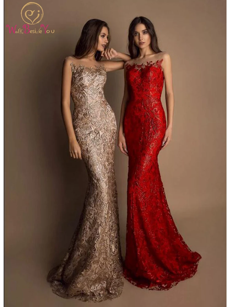 

Long Mermaid Evening Dresses Ladies Formal Lace Sheer Neck Cap Sleeves Sweep Train Sleeveless Slim Prom Gowns Night Women