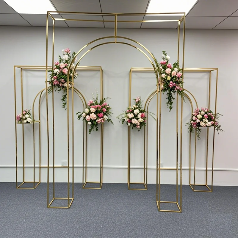 Shiny Gold Double Arch Artificial Flower Display Stand, Wedding Stage, Welcome Aisle, Door Backdrops, Birthday Balloons Rack