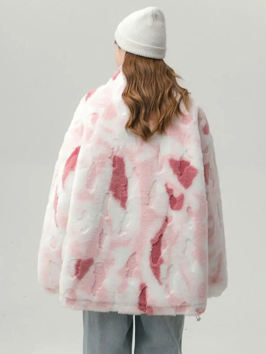 Korean Fashion Stand Collar Tie-dye Warm Imitation Fur Women Coats 2023 Autumn Winter Loose Thick Preppy Style Oversized Jackets