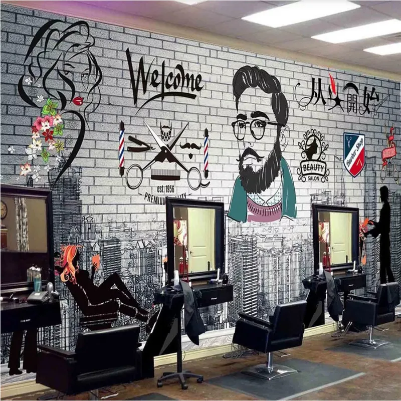 

Personalized Custom Barber Shop Hair Salon Industrial Decor Wall Paper 3D Retro Hair Cut Store Background Mural Wallpaper 3D