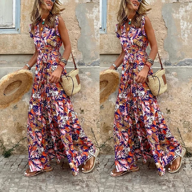 Women Casual Printed Long Dresses Summer Sleeveless V-Neck