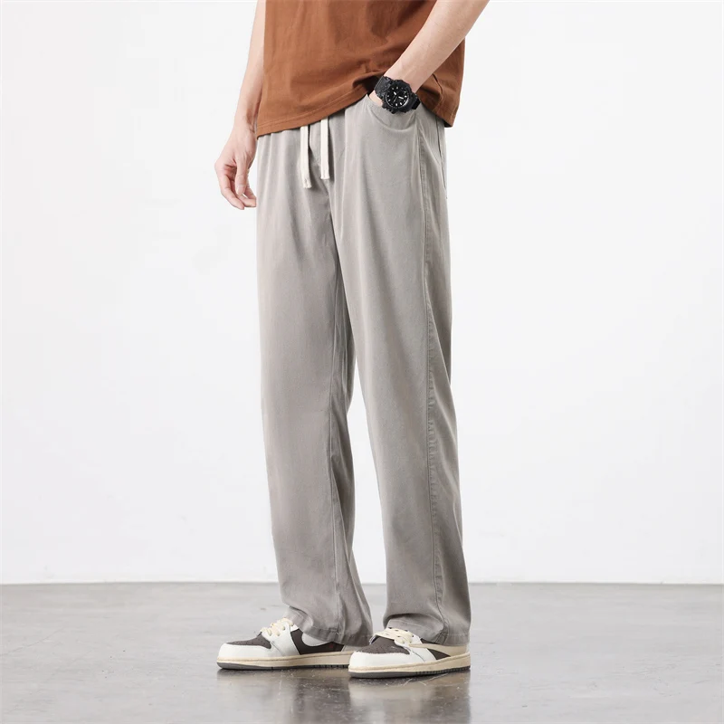 Summer Men Soft Lyocell Fabric Trousers Thin Baggy Straight Wide Leg Pants Drawstring Elastic Waist Korea Jogger Casual Pant