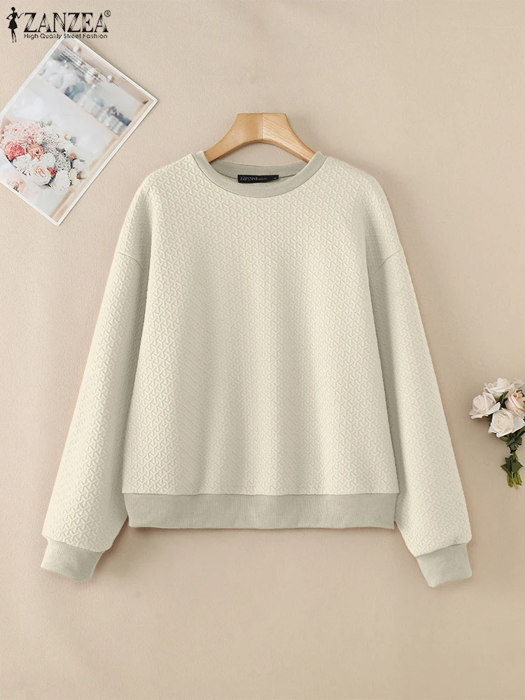 ZANZEA Women Long Sleeve Textured Sweatshirts 2025 Spring Loose Casual Crew Neck Pullover Tops Streetwear Solid Color Hoodies 3