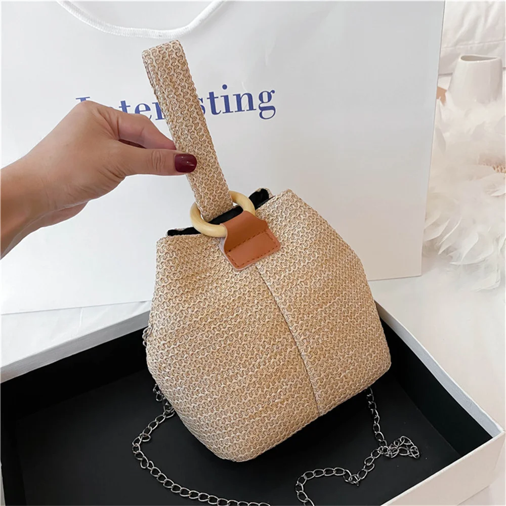 Women\'s Sprockets Straw Beach Tote Bag Casual Vacation Knit Wristlet Shopping Bag Ladies Handmade Bucket Bags Handbag Bolsas