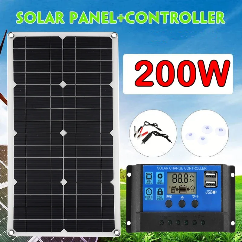 200W Pannello Solare 60A Controller Doppia Porta Usb Caricatore Portatile Per Batteria 12V Telefono Cellulare Auto Yacht Rv Luci Di Ricarica All'Apert