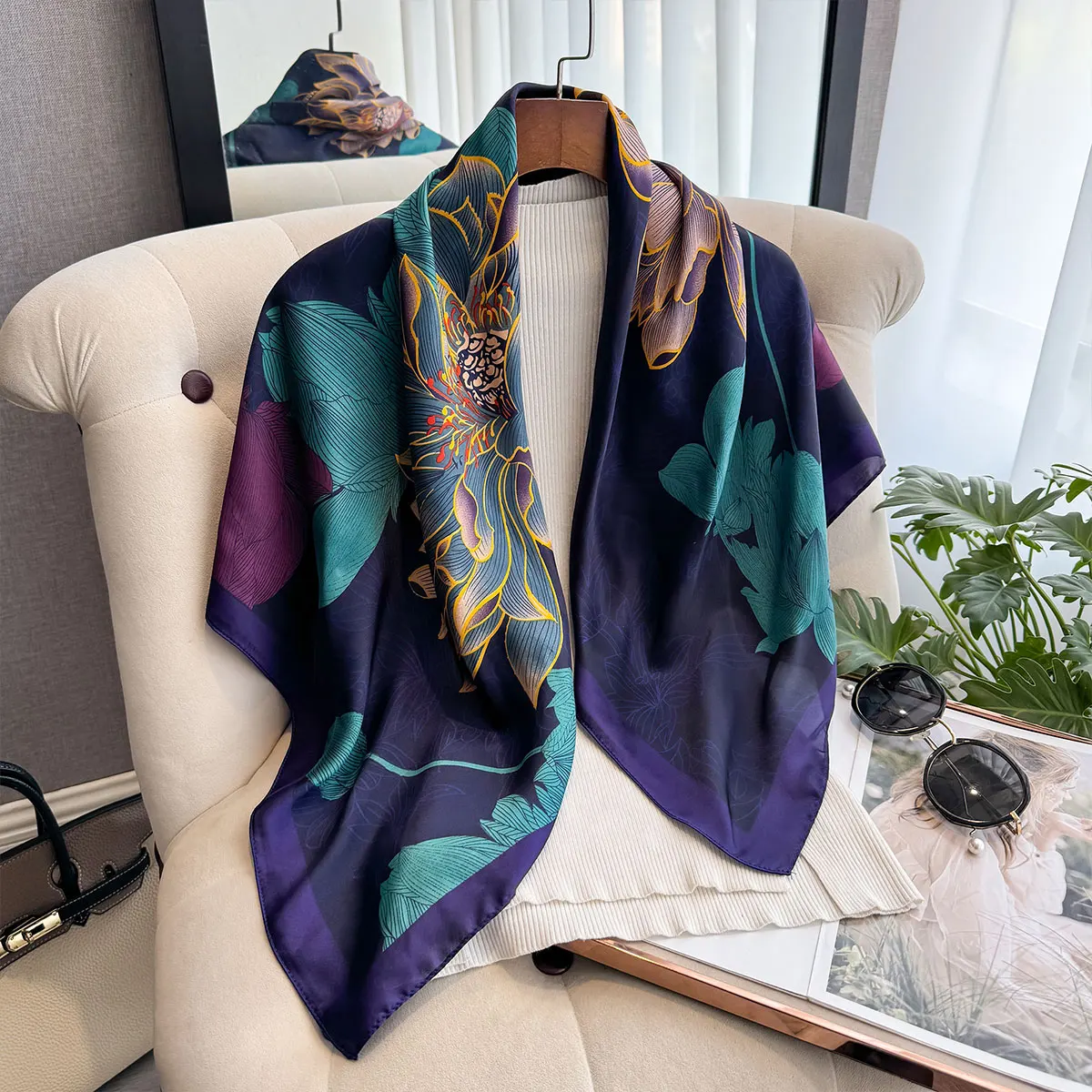Spring and Summer Floral Design 90*90cm Women Scarf Sunscreen Foulard Shawl Hijab Female Hair Hijab Wraps Neckerchief Bandanda