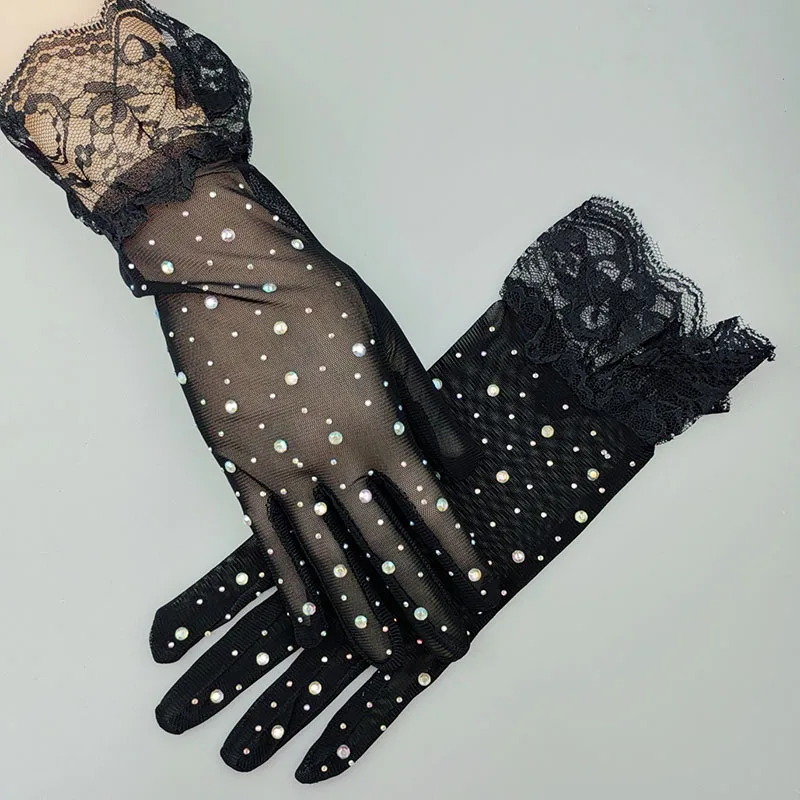 

Sexy Lace Nightclub Perspective Shiny Rhinestone Gloves Woman's Summer Outdoor Thin Mesh Short Elastic Sunscreen Arm Sleeves