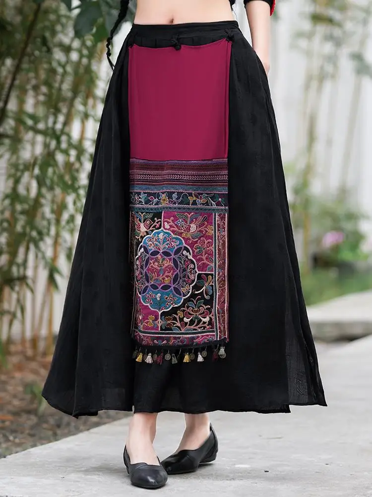 2022 Women Vintage Long Patchwork Skirt Chinese National Flower Embroidery Aline Skirt Elegant