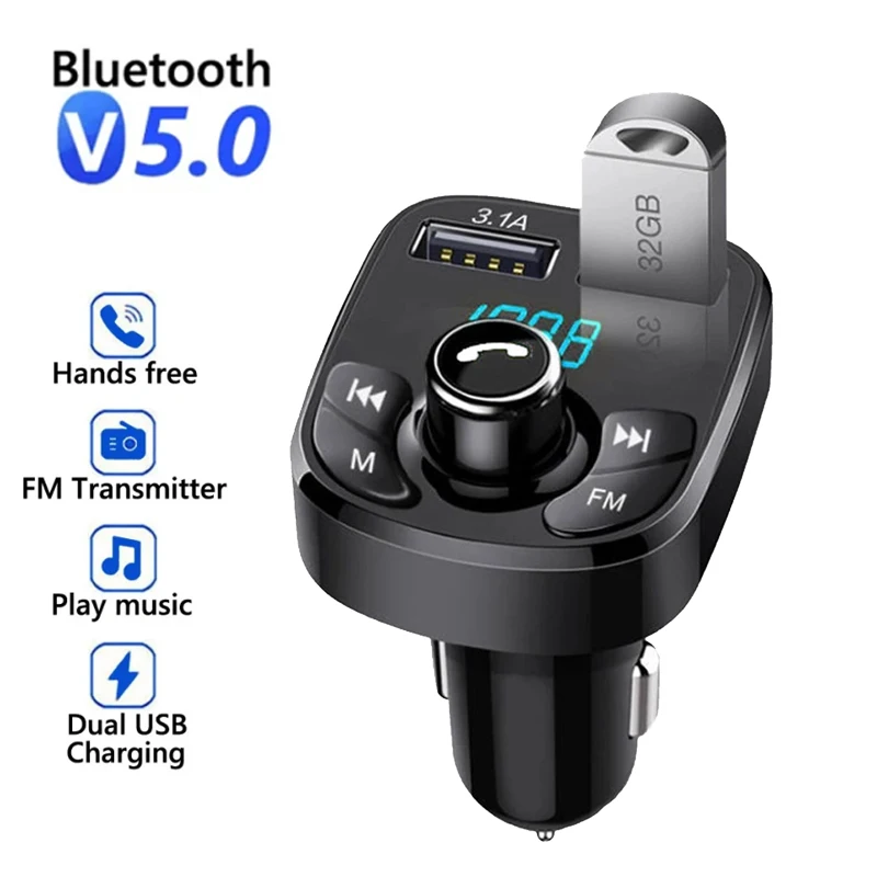 Car Charger FM Transmitter Bluetooth 5.0 FM Transmitter Wireless Handsfree Audio Receiver Dual USB 3.1A+1.0A U Disk Playing for Car Radio Player Speaker