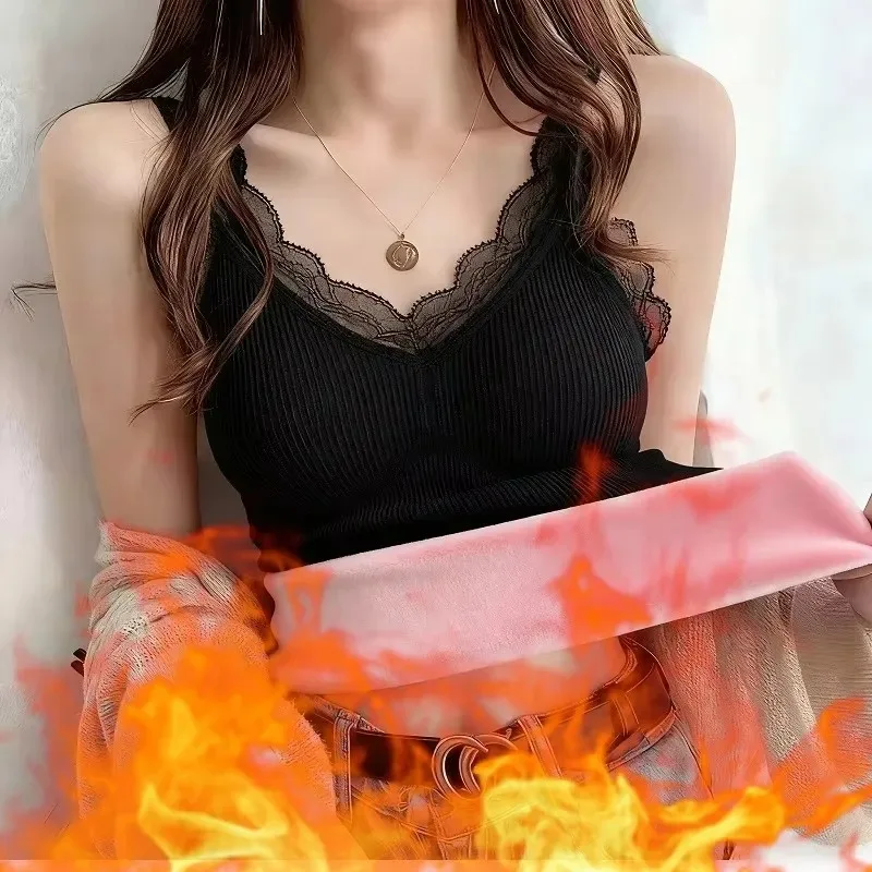 Thermal Underwear Inner Vest For Women Warm Winter Sexy Lace Sleeveless Tank Tops Padded Bra Thermo Thick Slimming Undershirt