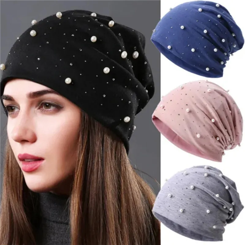 

Soft Acrylic Autumn Spring Beanie Hats Women Girls Pearl Rhinestones Warm Skullies Caps Turban Bonnet Hat Female Ladies