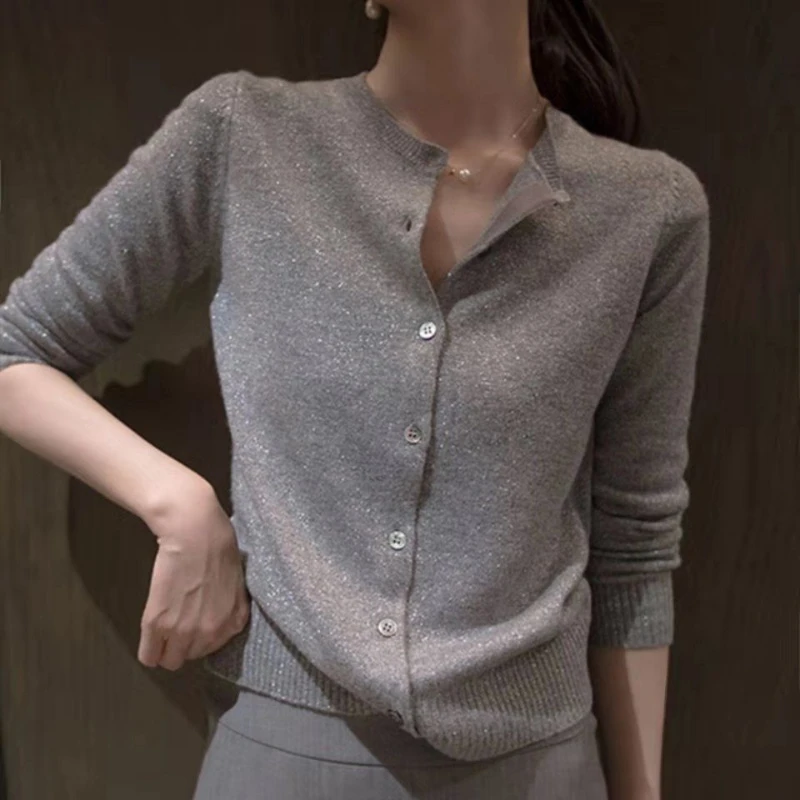 

Spring and Autumn Thin Women's Round Neck Knit Solid Color Bright Silk Cardigan Jacket Loose Bottoming Cardigan Sweater
