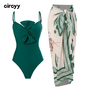 Circyy One Piece Swimsuit Women Bow Tie Halter Bodysuit Print French Vintage Cover-Ups Wrap Skirt Summer 2025 New Sexy Beachwear
